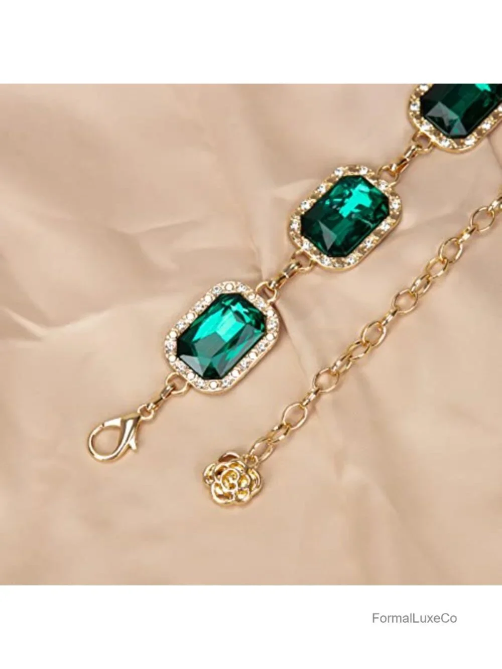 Green Glass Diamond Chain Belt - Metal Western Style Dress Belt